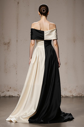 Black and White Off The Shoulder A-Line Satin Evening Dress